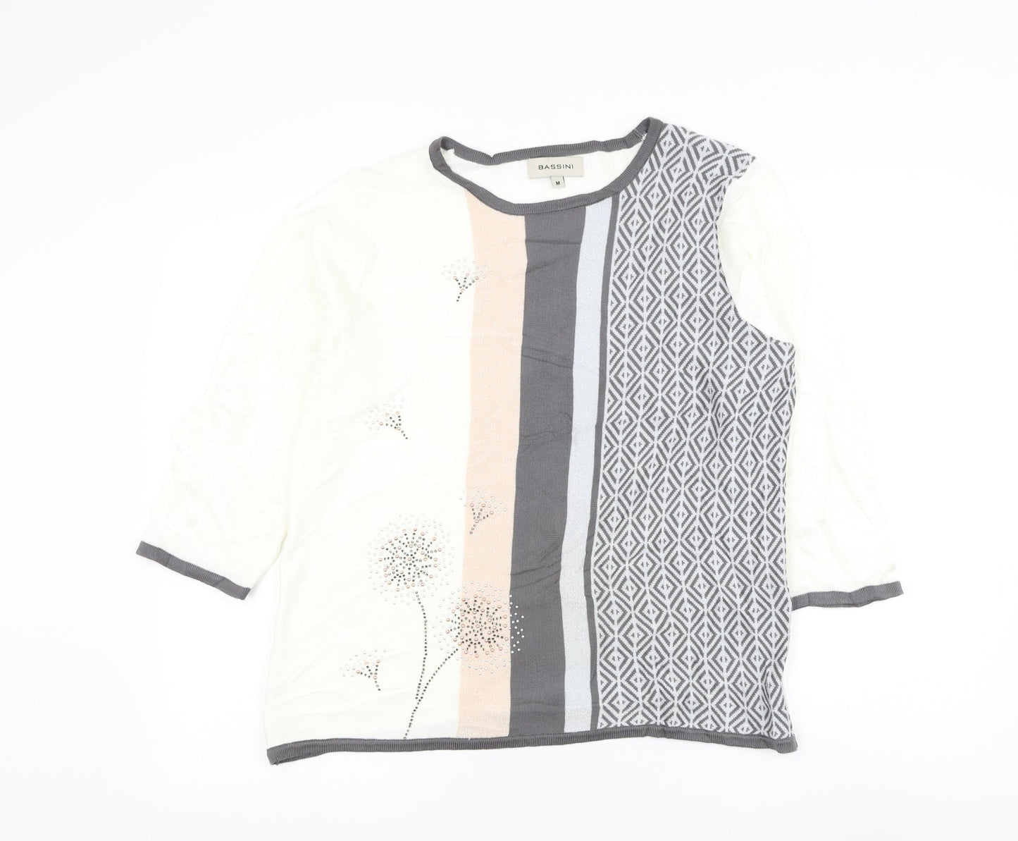 BASSINI Womens White Round Neck Geometric Acrylic Pullover Jumper Size M - Flower