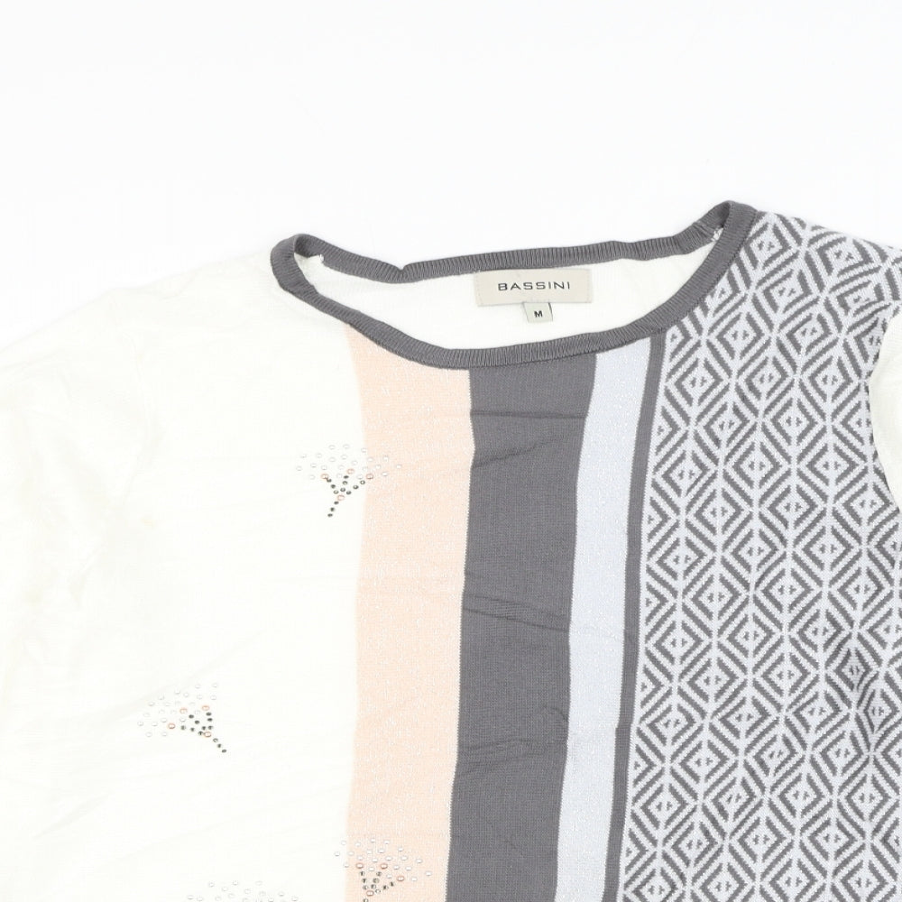 BASSINI Womens White Round Neck Geometric Acrylic Pullover Jumper Size M - Flower