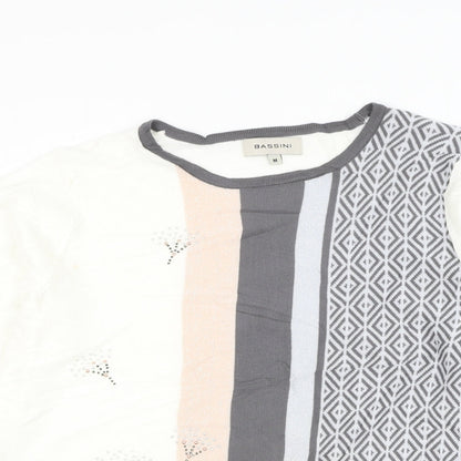 BASSINI Womens White Round Neck Geometric Acrylic Pullover Jumper Size M - Flower