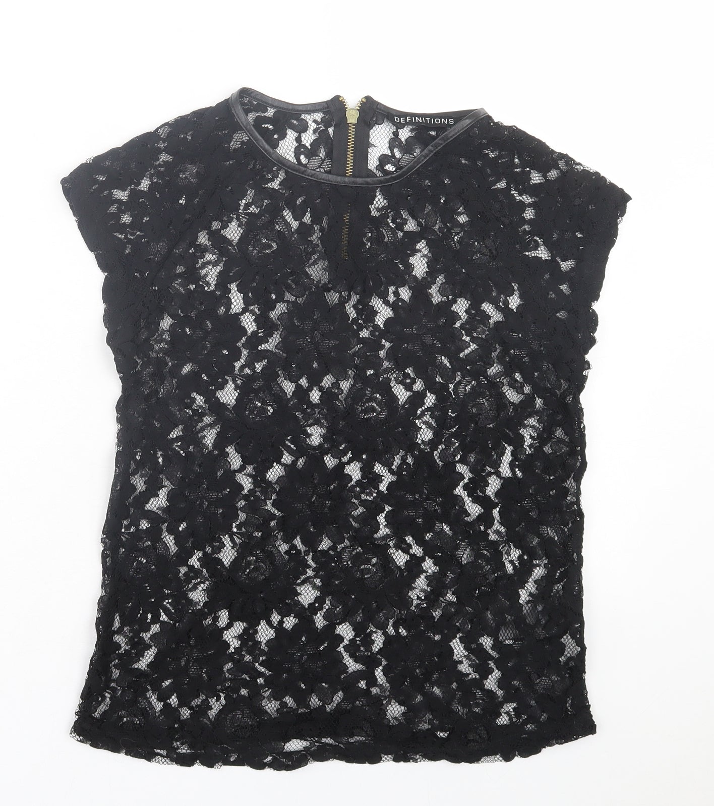 Definitions Womens Black Floral Polyester Basic T-Shirt Size 10 Crew Neck