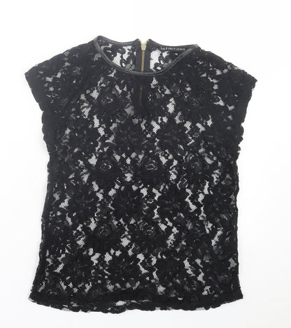 Definitions Womens Black Floral Polyester Basic T-Shirt Size 10 Crew Neck