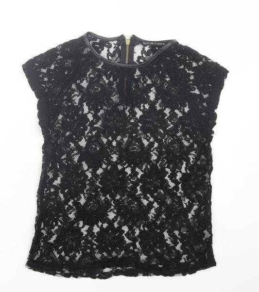 Definitions Womens Black Floral Polyester Basic T-Shirt Size 10 Crew Neck