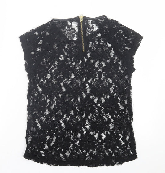 Definitions Womens Black Floral Polyester Basic T-Shirt Size 10 Crew Neck