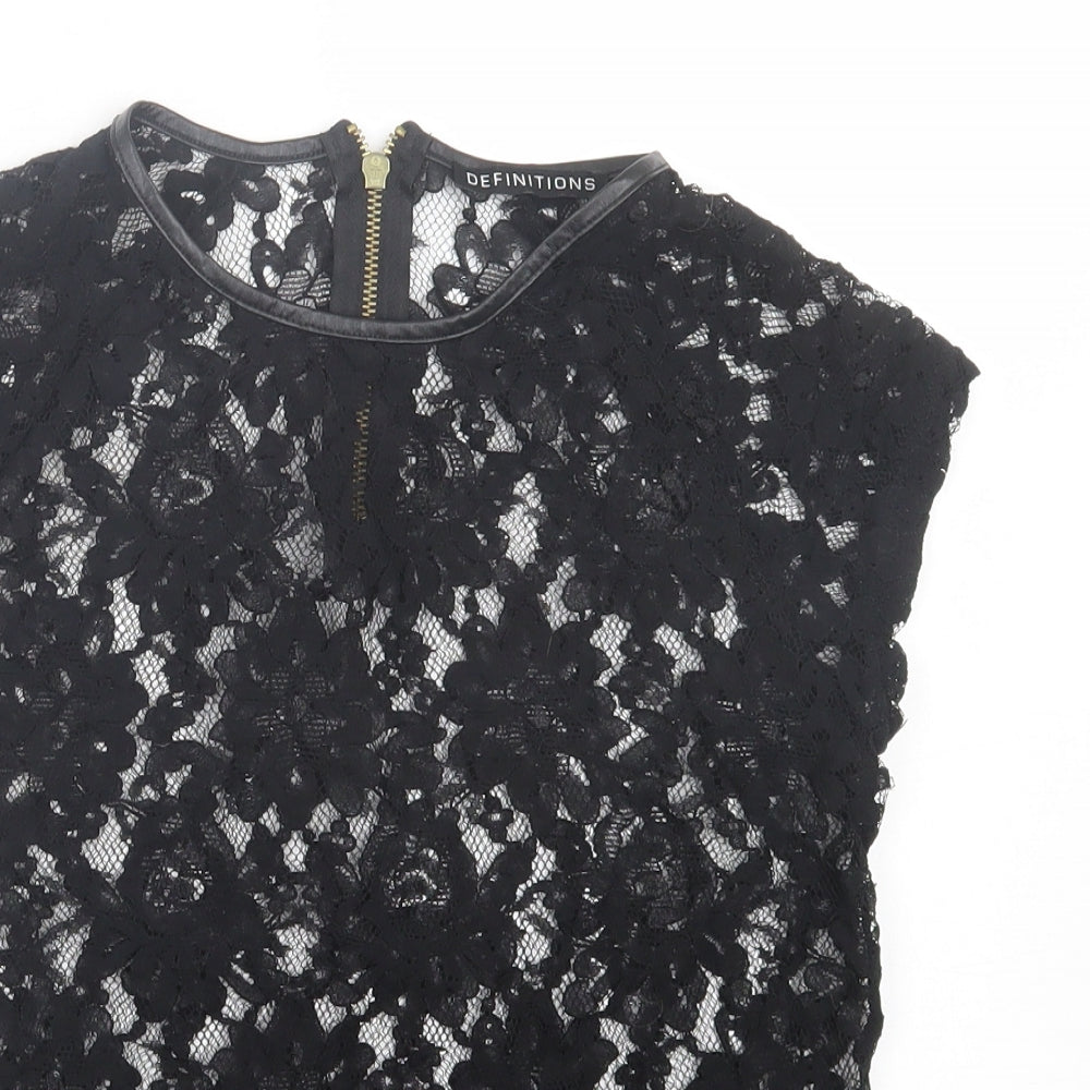 Definitions Womens Black Floral Polyester Basic T-Shirt Size 10 Crew Neck