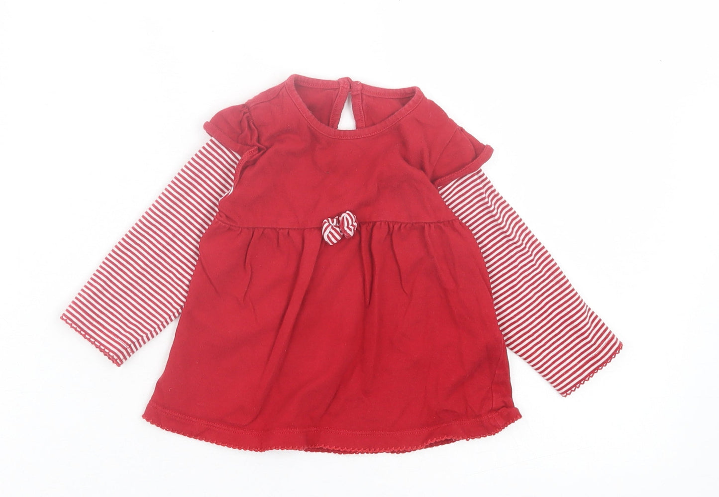 Marks and Spencer Girls Red Striped Cotton A-Line Size 6-9 Months Crew Neck Button