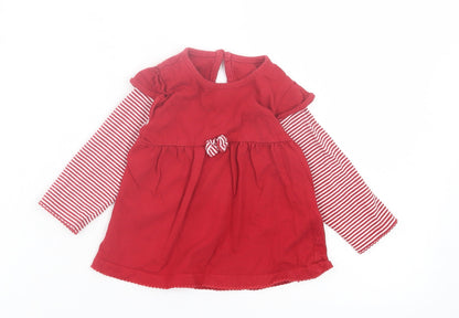 Marks and Spencer Girls Red Striped Cotton A-Line Size 6-9 Months Crew Neck Button