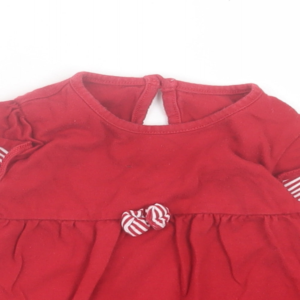 Marks and Spencer Girls Red Striped Cotton A-Line Size 6-9 Months Crew Neck Button