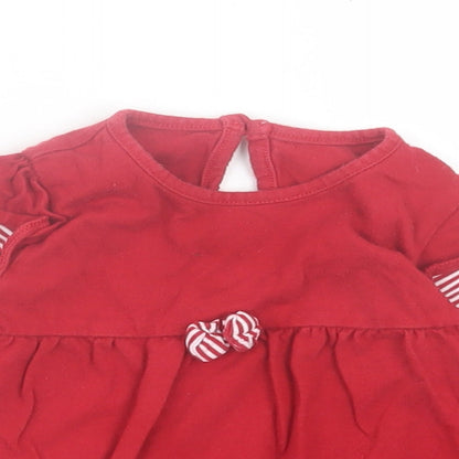 Marks and Spencer Girls Red Striped Cotton A-Line Size 6-9 Months Crew Neck Button