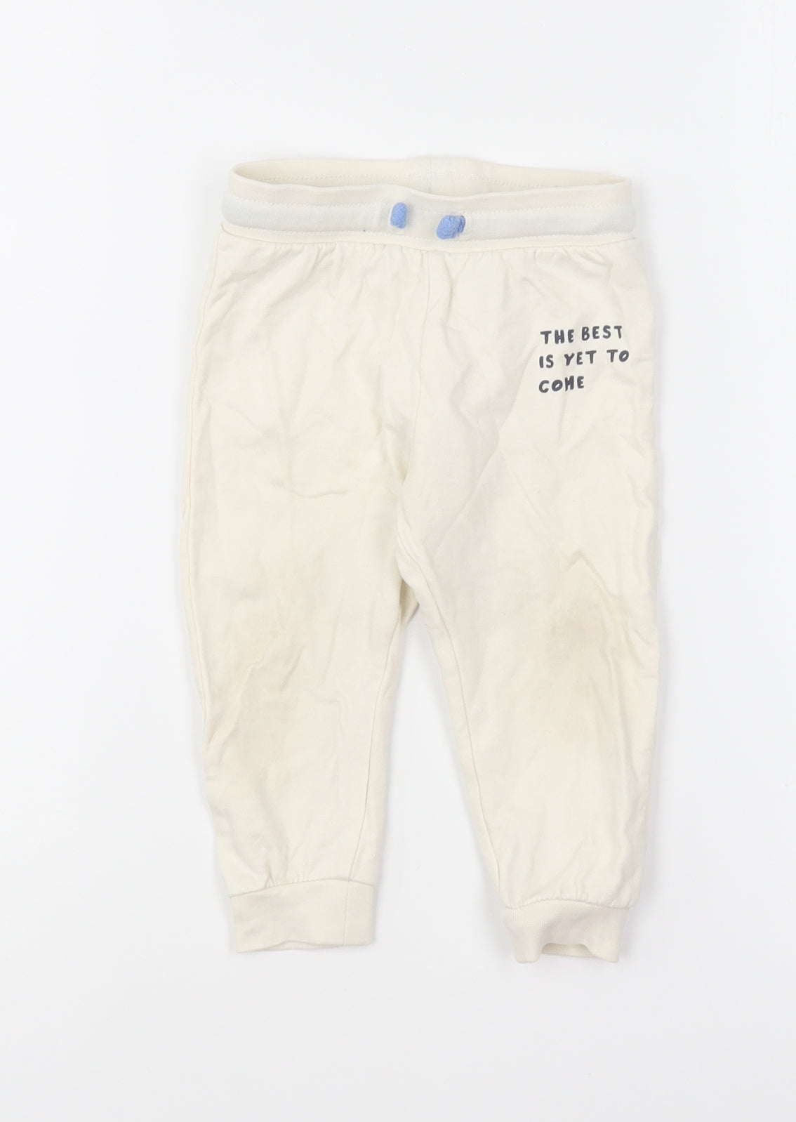 Pep & Co Baby Ivory Cotton Jogger Trousers Size 9-12 Months Drawstring - The Best Is Yet To Come