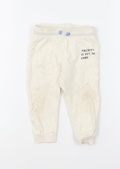 Pep & Co Baby Ivory Cotton Jogger Trousers Size 9-12 Months Drawstring - The Best Is Yet To Come