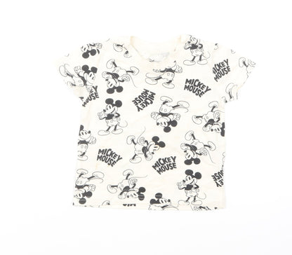 Primark Baby Ivory Geometric Cotton Basic T-Shirt Size 9-12 Months Round Neck Pullover - Mickey Mouse