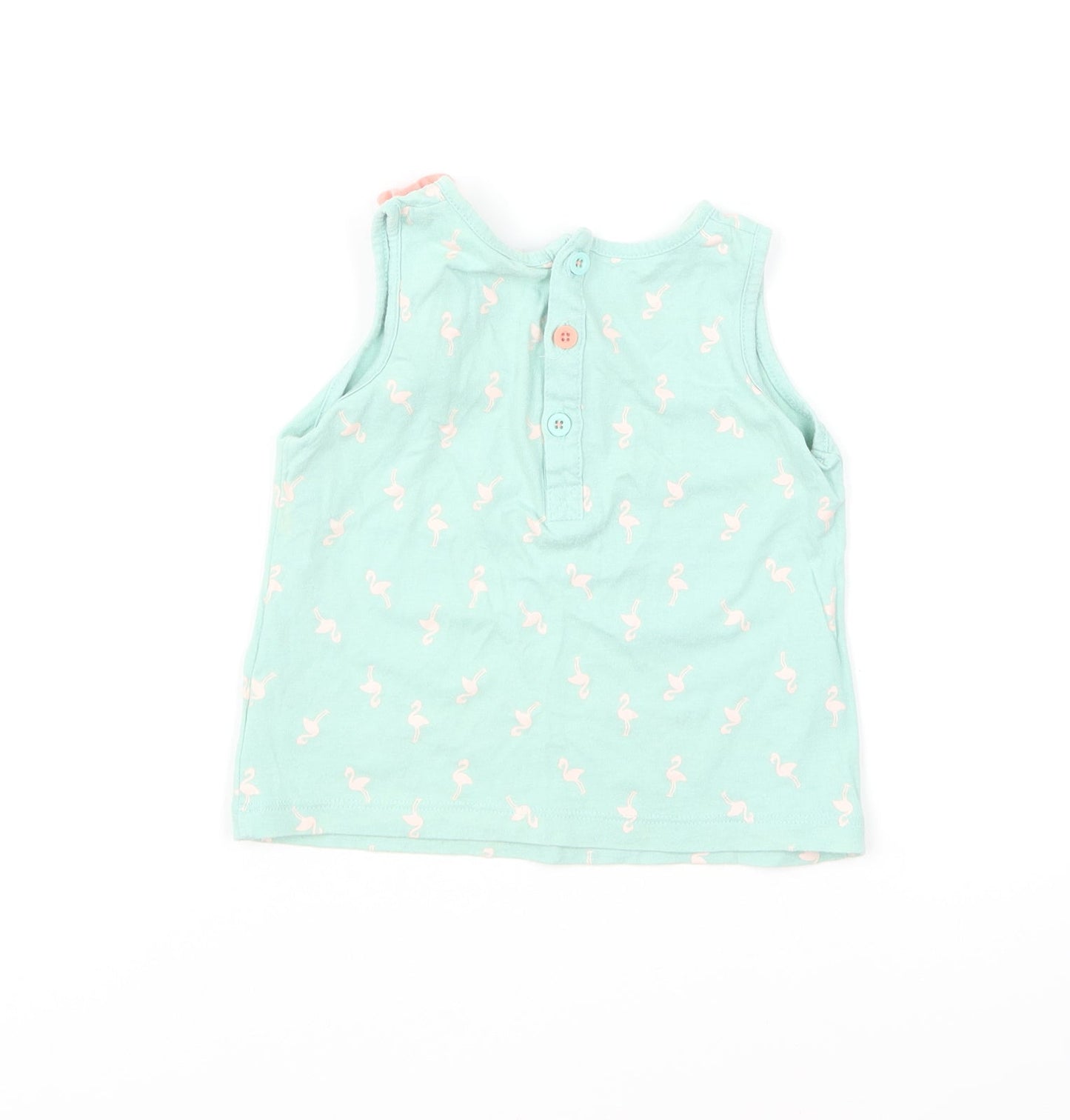 mamas & papas Baby Green Geometric Cotton Basic T-Shirt Size 18-24 Months Round Neck Button - Flamingo Print