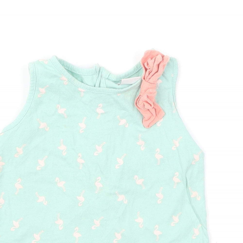mamas & papas Baby Green Geometric Cotton Basic T-Shirt Size 18-24 Months Round Neck Button - Flamingo Print