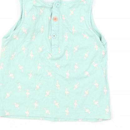 mamas & papas Baby Green Geometric Cotton Basic T-Shirt Size 18-24 Months Round Neck Button - Flamingo Print