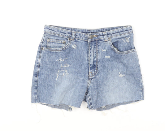 Dorothy Perkins Womens Blue Cotton Hot Pants Shorts Size 8 L3 in Regular Button - Distressed Look