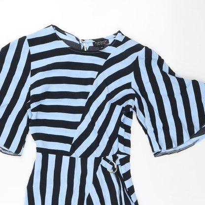 Topshop Womens Blue Striped Viscose Shift Size 6 Scoop Neck Hook & Loop