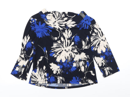 CC Womens Blue Floral Polyester Basic T-Shirt Size L Boat Neck