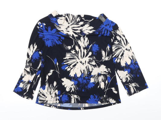 CC Womens Blue Floral Polyester Basic T-Shirt Size L Boat Neck