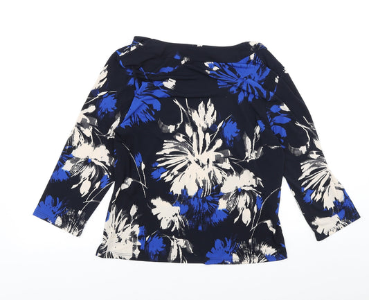 CC Womens Blue Floral Polyester Basic T-Shirt Size L Boat Neck