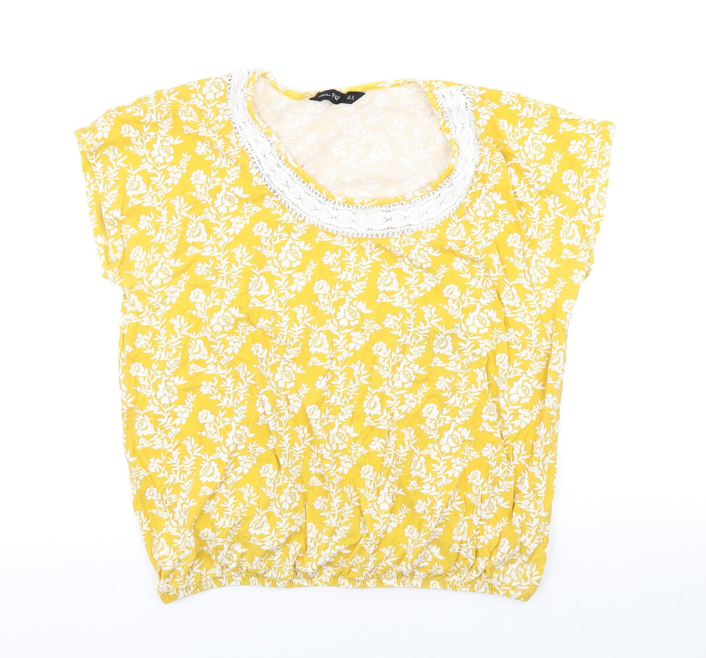 F&F Womens Yellow Floral Cotton Basic T-Shirt Size 14 Scoop Neck