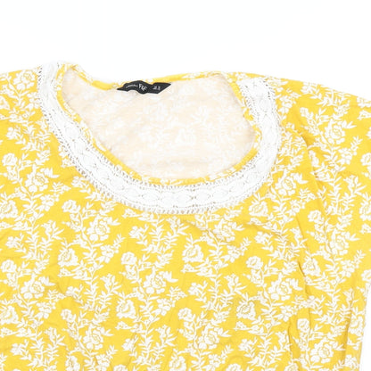 F&F Womens Yellow Floral Cotton Basic T-Shirt Size 14 Scoop Neck