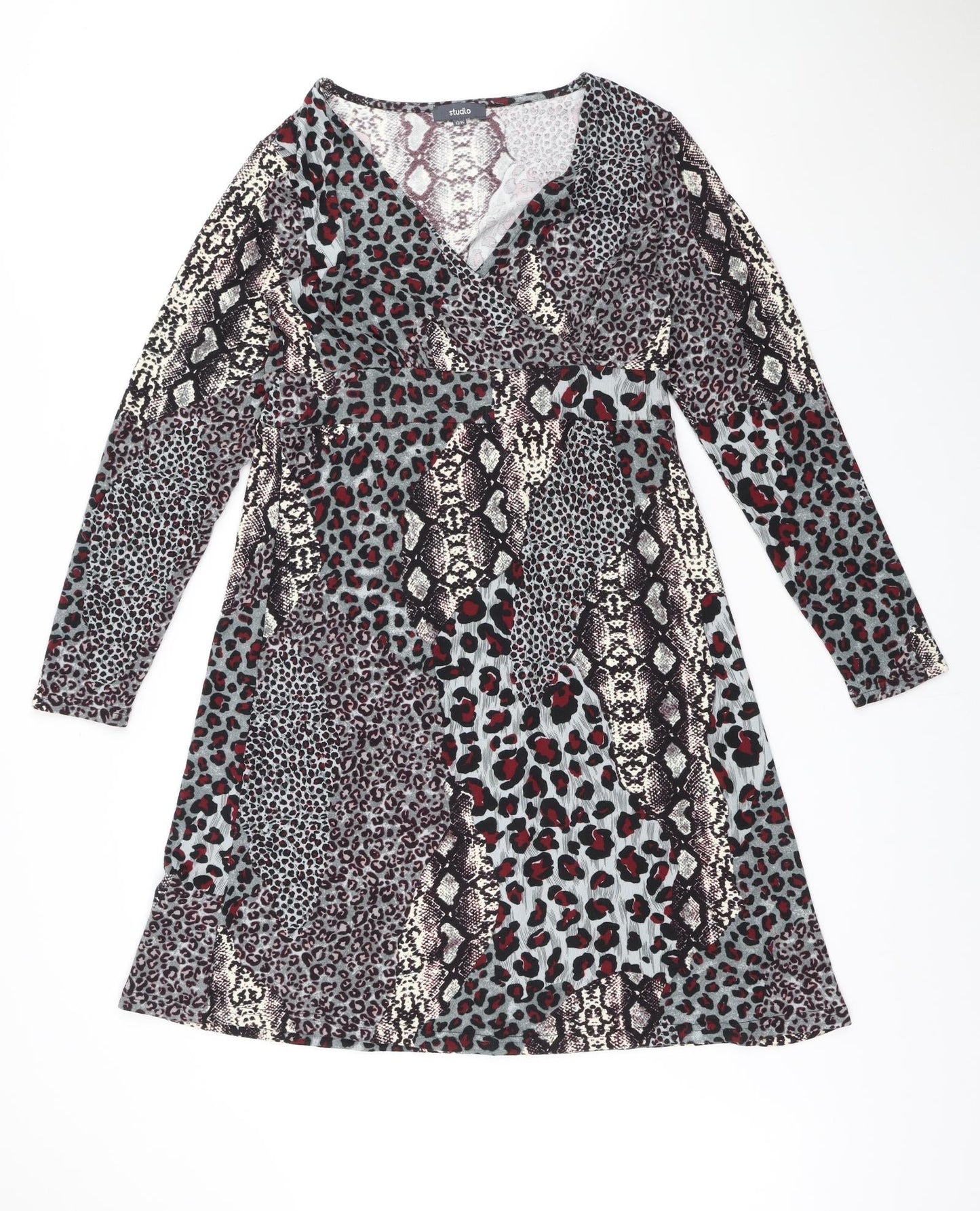 Studio Womens Multicoloured Animal Print Polyester A-Line Size 12 V-Neck Pullover