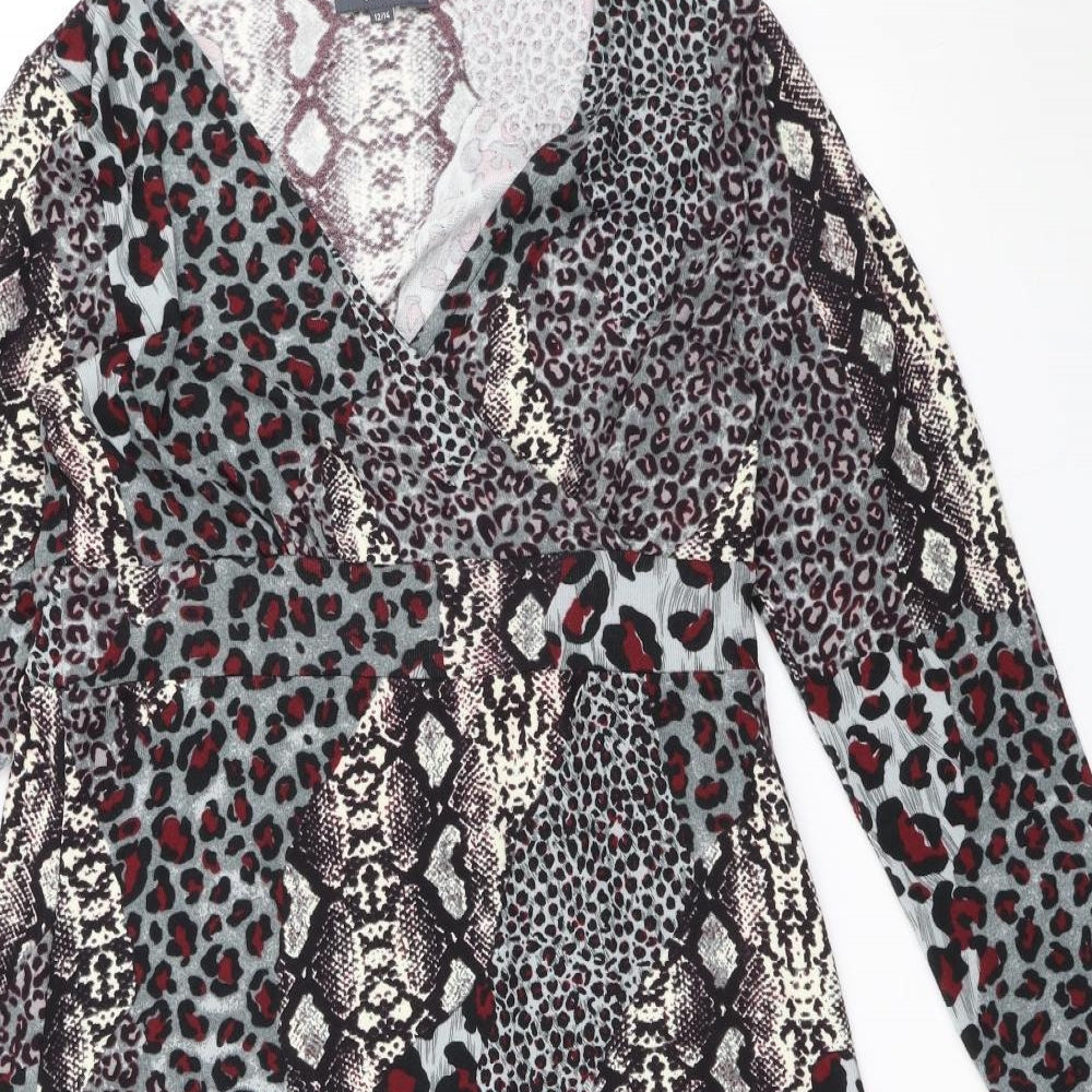 Studio Womens Multicoloured Animal Print Polyester A-Line Size 12 V-Neck Pullover