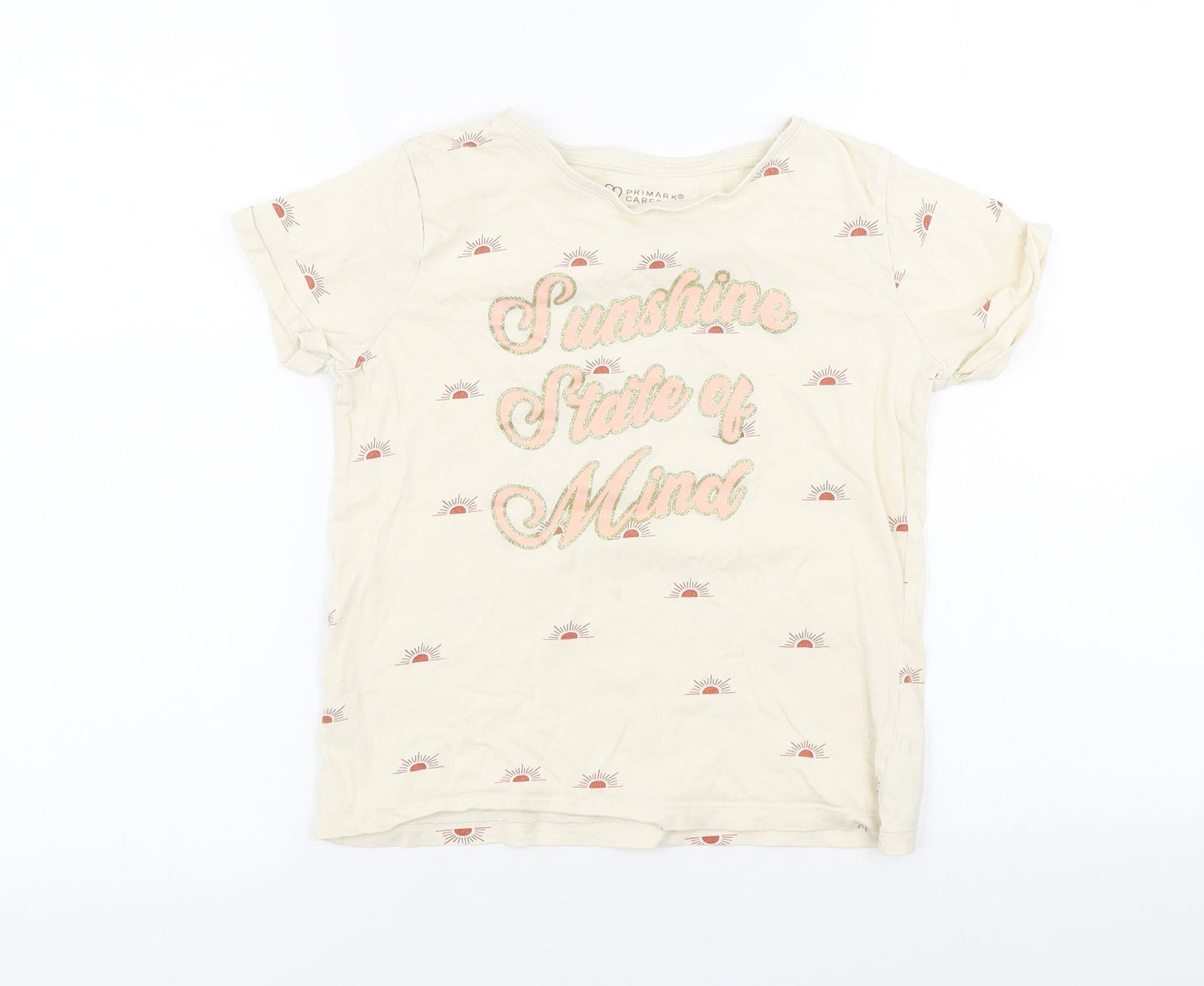 Primark Girls Beige Geometric Cotton Basic T-Shirt Size 10-11 Years Round Neck Pullover - Sunshine State of Mind