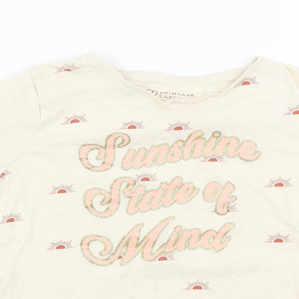 Primark Girls Beige Geometric Cotton Basic T-Shirt Size 10-11 Years Round Neck Pullover - Sunshine State of Mind