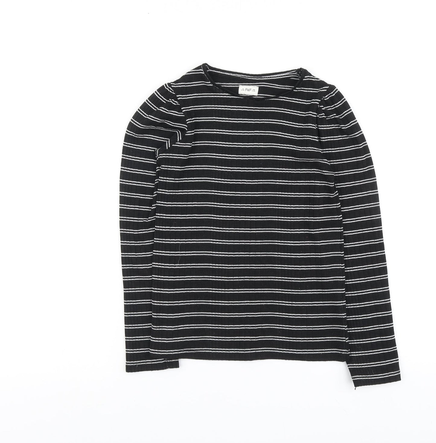 F&F Girls Black Striped Polyester Basic T-Shirt Size 9-10 Years Round Neck Pullover - Ribbed