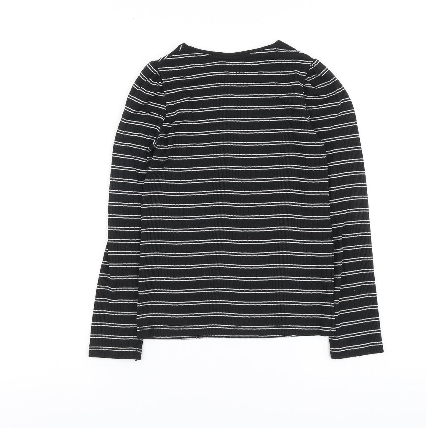 F&F Girls Black Striped Polyester Basic T-Shirt Size 9-10 Years Round Neck Pullover - Ribbed
