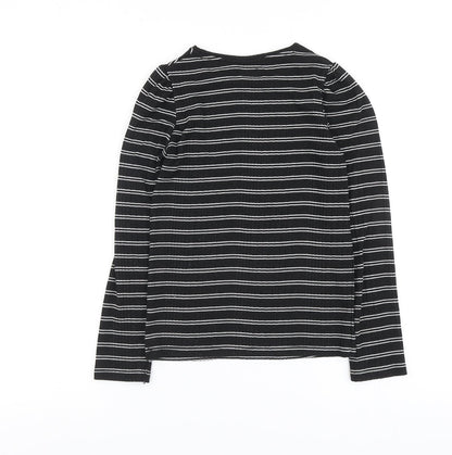 F&F Girls Black Striped Polyester Basic T-Shirt Size 9-10 Years Round Neck Pullover - Ribbed