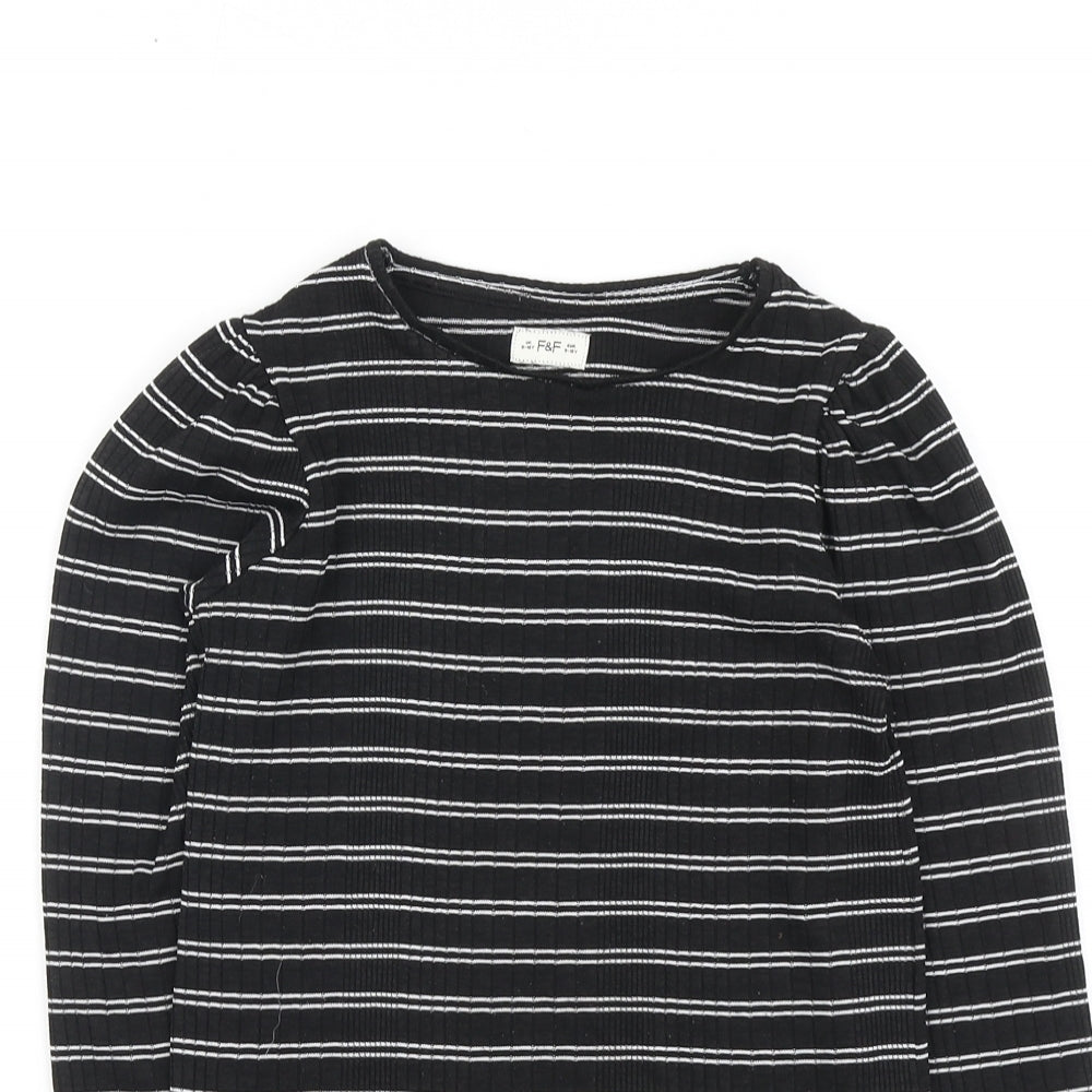 F&F Girls Black Striped Polyester Basic T-Shirt Size 9-10 Years Round Neck Pullover - Ribbed