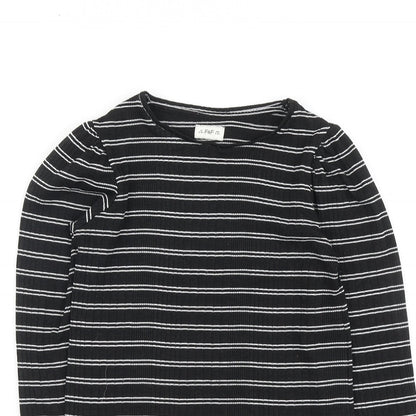 F&F Girls Black Striped Polyester Basic T-Shirt Size 9-10 Years Round Neck Pullover - Ribbed