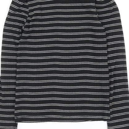 F&F Girls Black Striped Polyester Basic T-Shirt Size 9-10 Years Round Neck Pullover - Ribbed