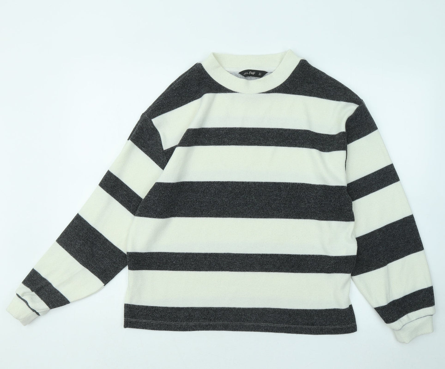 F&F Womens White Round Neck Striped Polyester Pullover Jumper Size S