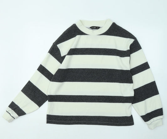 F&F Womens White Round Neck Striped Polyester Pullover Jumper Size S