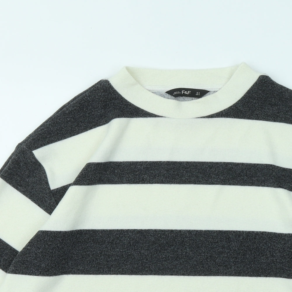 F&F Womens White Round Neck Striped Polyester Pullover Jumper Size S
