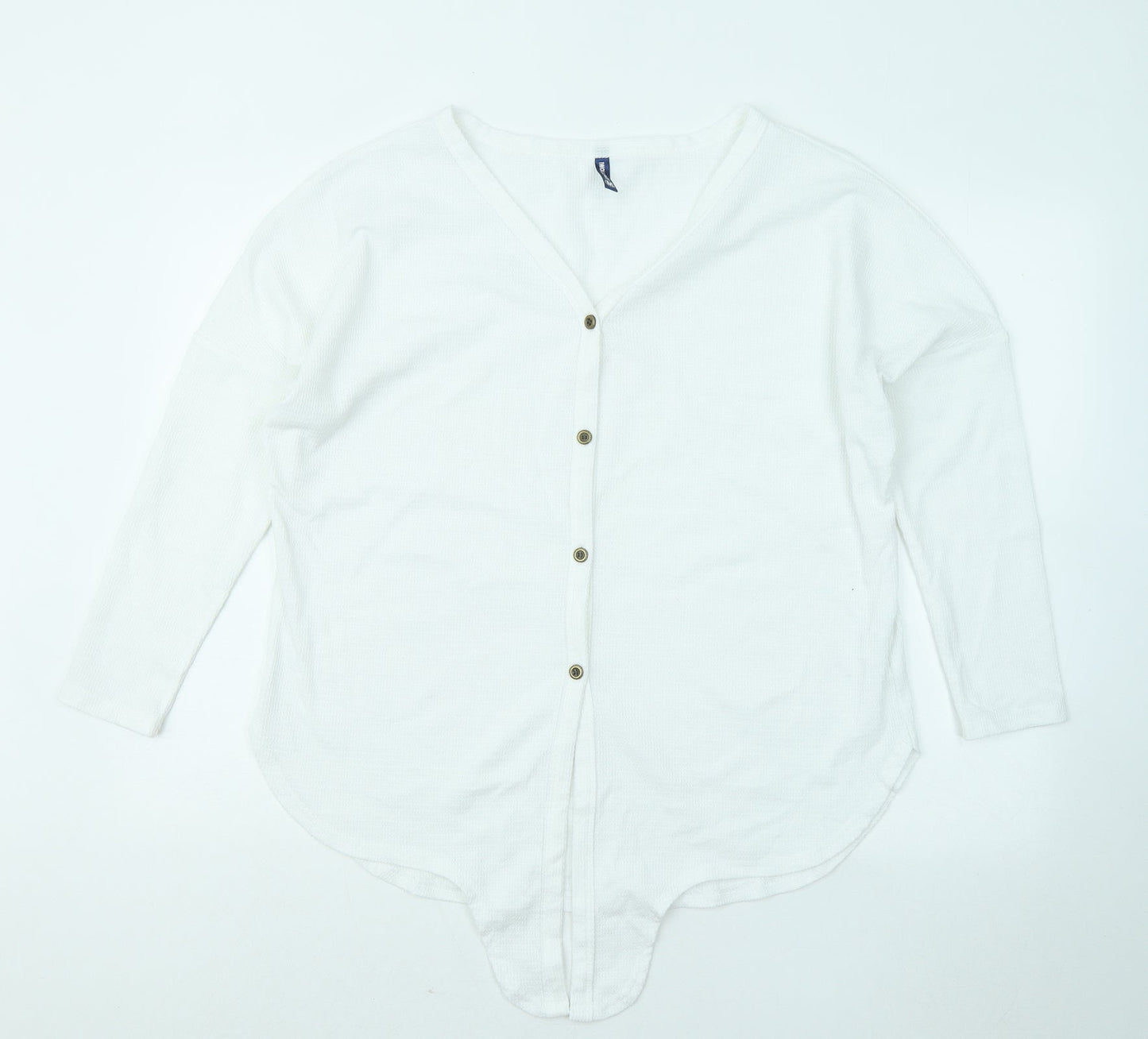 Iwollence Womens White Polyester Basic Button-Up Size M V-Neck - Front Knot