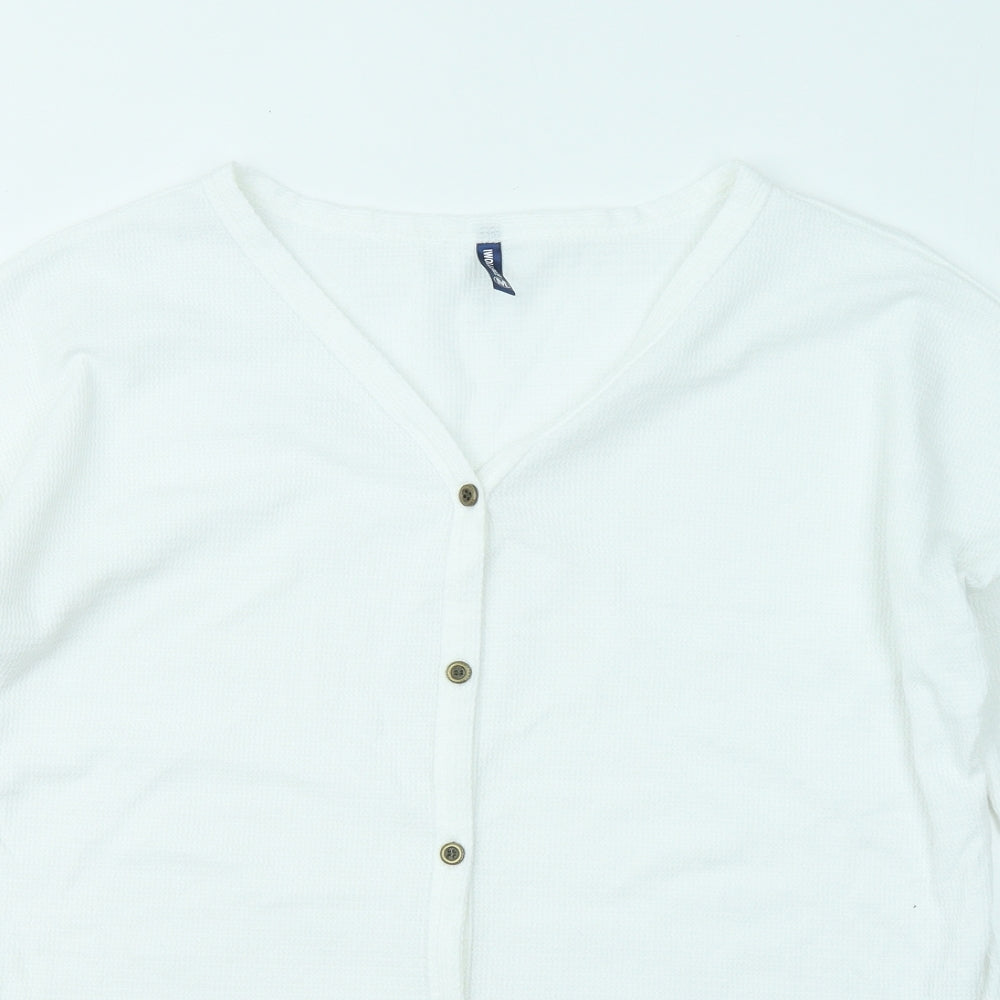 Iwollence Womens White Polyester Basic Button-Up Size M V-Neck - Front Knot