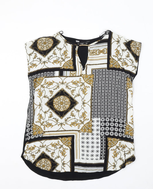 F&F Womens Multicoloured Geometric Viscose Basic Blouse Size 12 Round Neck