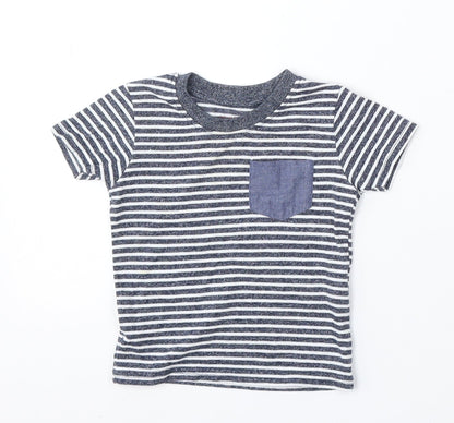 Primark Boys Blue Striped Cotton Basic T-Shirt Size 9-12 Months Round Neck - Pocket Detail