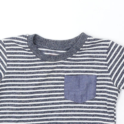 Primark Boys Blue Striped Cotton Basic T-Shirt Size 9-12 Months Round Neck - Pocket Detail