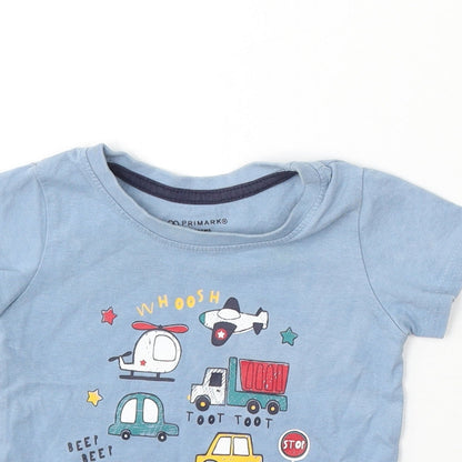 Primark Boys Blue Cotton Basic T-Shirt Size 9-12 Months Round Neck Pullover - Cars
