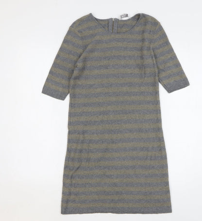 Oui Womens Grey Striped Cotton Jumper Dress Size 10 Round Neck Zip