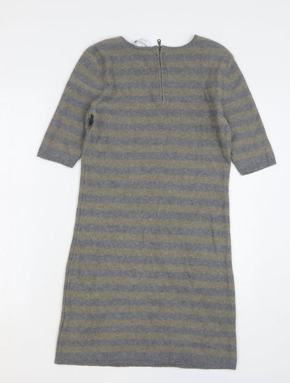 Oui Womens Grey Striped Cotton Jumper Dress Size 10 Round Neck Zip
