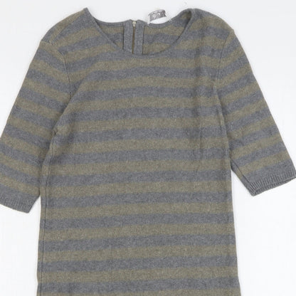 Oui Womens Grey Striped Cotton Jumper Dress Size 10 Round Neck Zip