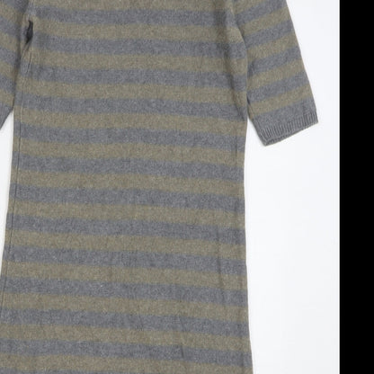 Oui Womens Grey Striped Cotton Jumper Dress Size 10 Round Neck Zip