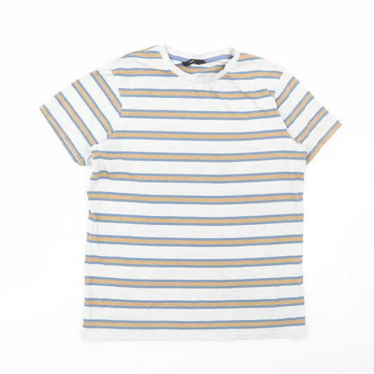George Boys Grey Striped Cotton Basic T-Shirt Size 13-14 Years Round Neck Pullover