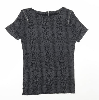Marks and Spencer Womens Grey Animal Print Polyester Basic T-Shirt Size 8 Scoop Neck